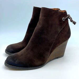 Lucky Brand Yamina Wedge Bootie Womens Ankle Boot Brown Leather Tie Back